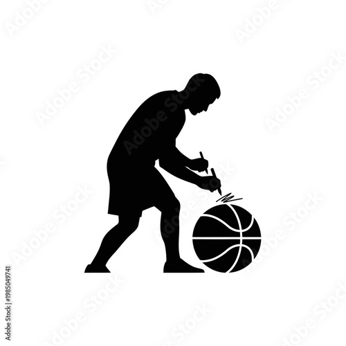 Clean black silhouette depicting an athlete signing a basketball with a marker, ideal for illustrating sports memorabilia or fan event promotions