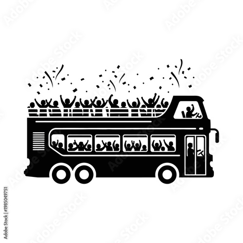 Excited crowd on a double-decker bus celebrating with confetti, a vibrant scene of joy and collective happiness during a tour or event