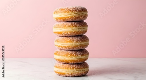 Tumpukan donat berlapis gula di atas meja marmer putih dengan latar belakang merah muda