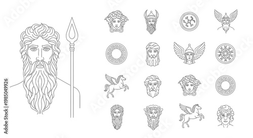 Ancient Greek Mythology Icons: Zeus, Pegasus, Gorgon Heads, Warriors, and Ornaments