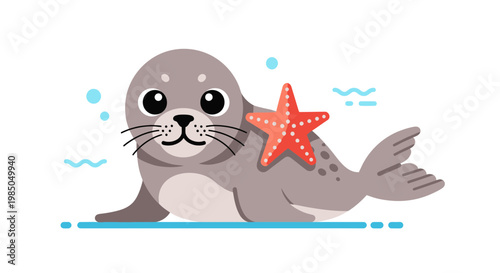Cute Cartoon Seal with Starfish on White Background, Flat Design