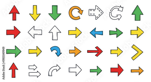 Collection of Hand-Drawn Arrows and Symbols on White Background