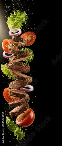 Delicious skewer with grilled tomatoes, onions, and marinated steak on the side.