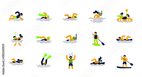Diverse Water Sports and Activities Icons Set: Swimming, Diving, Paddleboarding, Kayaking