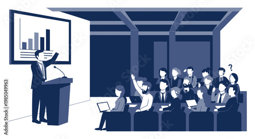 Business meeting presentation with audience participation and charts on screen