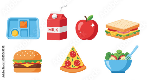 Healthy School Lunchbox Set: Milk, Apple, Sandwich, Burger, Pizza, Salad