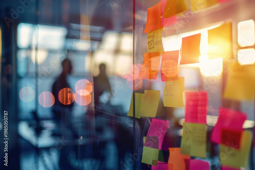 colorful ceative sticky note from business teamwork on brainstorming board in front of meeting room office.