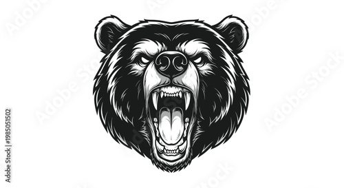 Aggressive Bear Head Illustration - Roaring Wild Animal Face, Black and White