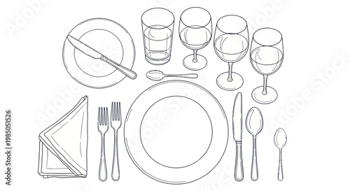 Elegant Table Setting Sketch with Cutlery, Plates, Glasses, and Napkin