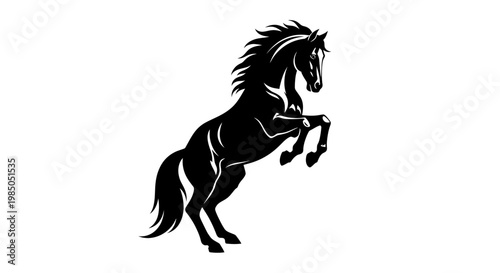 Powerful Black Horse Silhouette Rearing Up on White Background