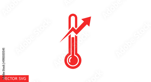 Red thermometer icon with rising arrow, symbolizing temperature increase or growth