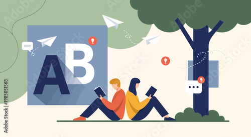 People reading books together under a tree in flat vector style
