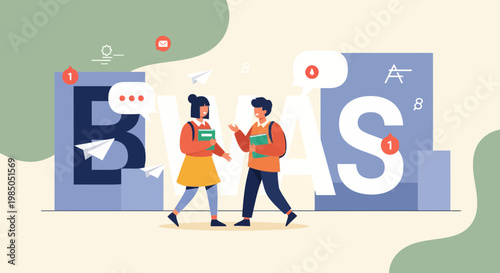 Student Friends Talking in School Hallway Flat Vector Illustration
