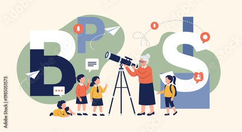 Elderly Teacher Showing Telescope to Young Students in Science Class