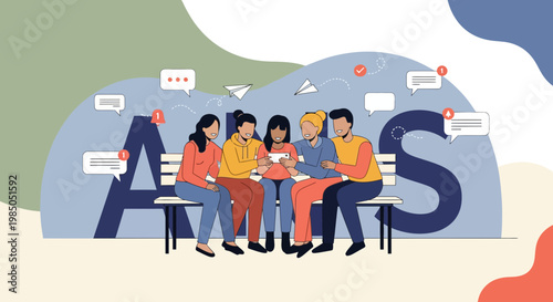 Young friends on park bench looking at smartphone for social media