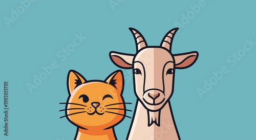 Cartoon cat and goat standing together.