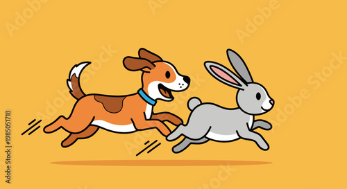 Dog and rabbit running side by side.
