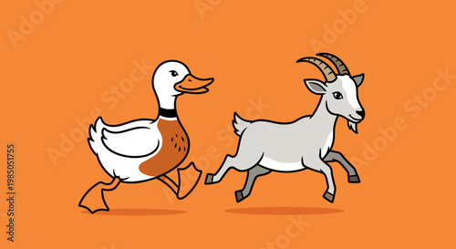 Goat and Duck Running Together Sideways.