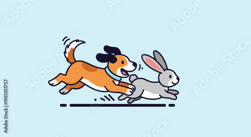 Dog chasing a running white rabbit.