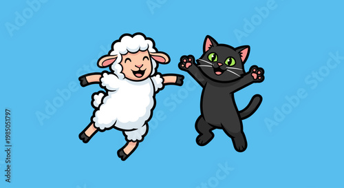 Cartoon sheep and black cat friends.