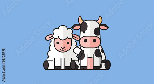 Cartoon sheep and cow standing together.