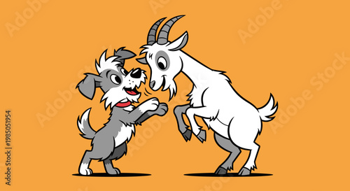 Dog and goat play fighting outside.