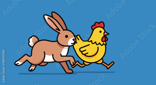 Brown rabbit and yellow chicken running.