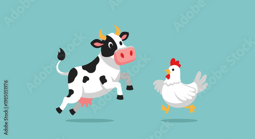 Cartoon cow and chicken running together.