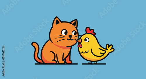 Cartoon cat and chicken friends.