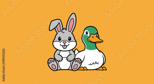 Cute cartoon rabbit and duck sitting.