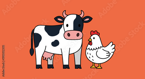 Black and white cow standing beside chicken.
