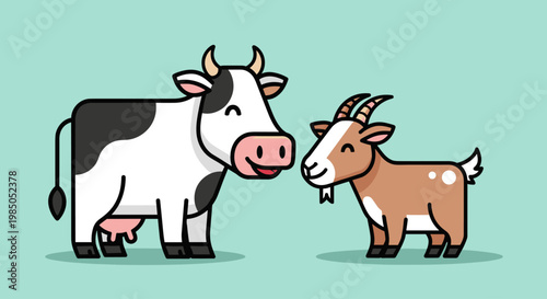 Cartoon cow and goat standing together.