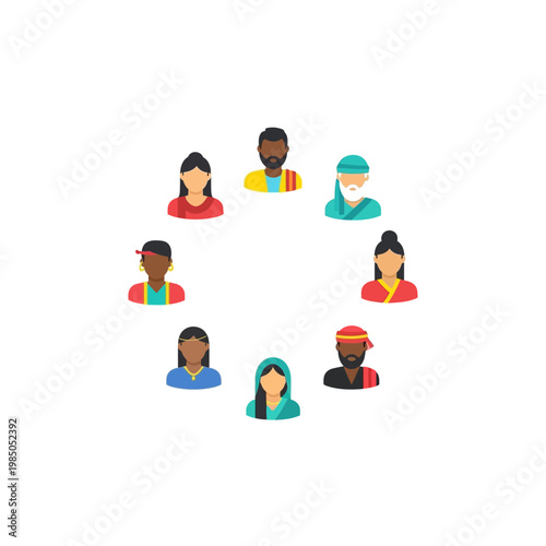 Vibrant flat illustration depicting a diverse group of multicultural individuals arranged in a circle, symbolizing global unity, equality, and inclusive community collaboration