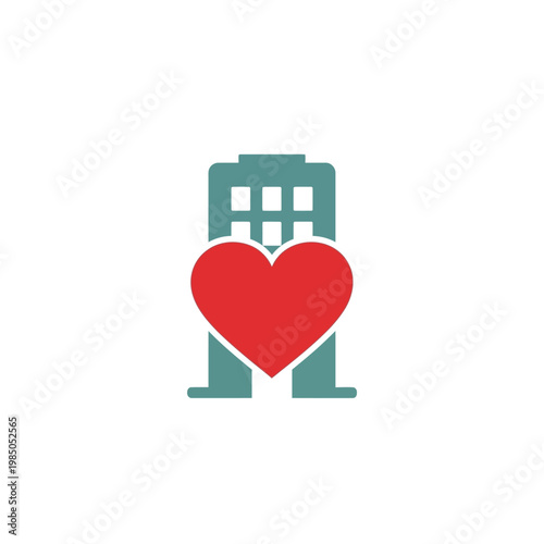 Symbol of a heart in front of a building, representing love for a company, real estate, or homeownership
