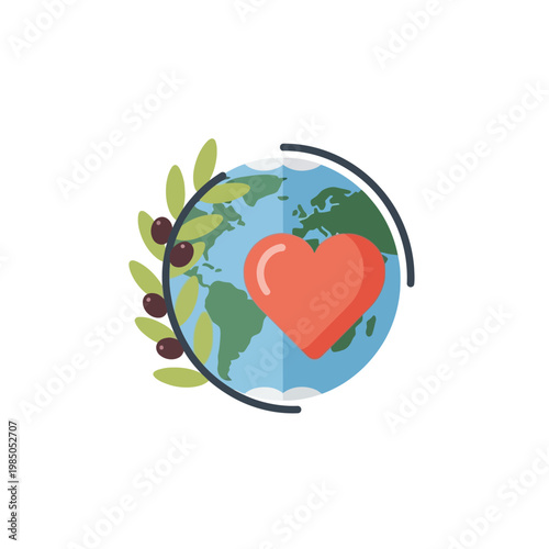 Flat graphic depicting Planet Earth with a loving heart and an olive branch, symbolizing global peace, environmental harmony, and universal compassion