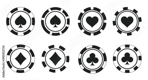 Poker Chip Card Suits Icons Set: Spades, Hearts, Diamonds, Clubs