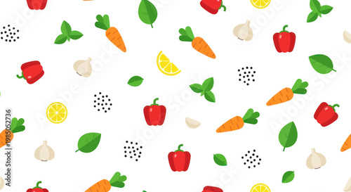 Seamless Pattern of Fresh Vegetables and Herbs on White Background