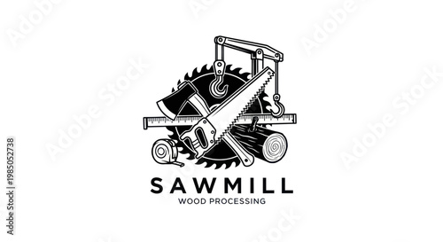 Sawmill Wood Processing Logo with Tools and Lumber