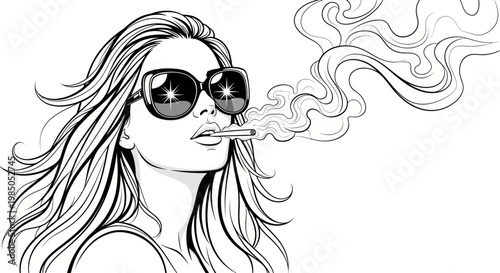 Stylish Woman in Sunglasses Smoking Cigarette, Smoke Wisps, Retro Pop Art Style