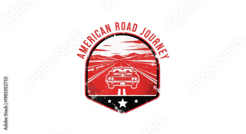 American Road Trip Vintage Badge: Classic Car on Highway, Mountains and Sunset