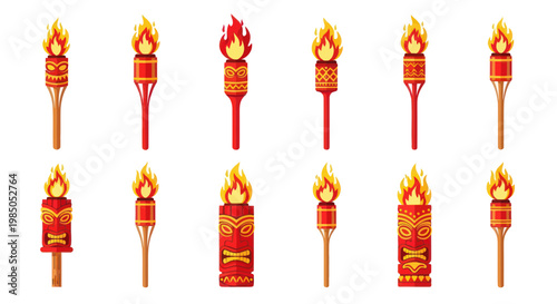 Collection of Tiki Torches with Fire and Tribal Masks - Tropical Decoration