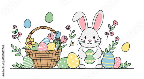 Cute Easter Bunny with Decorated Eggs and Spring Flowers in Basket