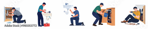 Set of professional plumbers performing various maintenance and repair tasks on sinks and pipes in different household scenarios.