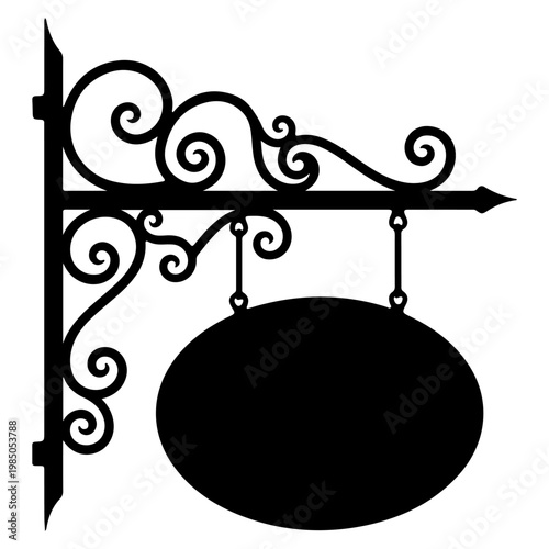 Black Silhouette of an Ornate Hanging Sign Bracket with Oval Sign.