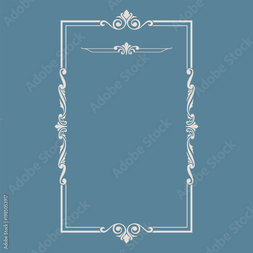 Elegant vintage decorative frame with white ornamental borders on a muted blue background.