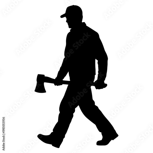 Silhouette of a lumberjack walking with an axe.