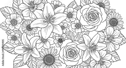 Detailed black and white line art illustration of a beautiful floral bouquet, perfect for coloring pages or decorative designs