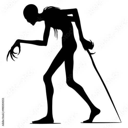 Silhouette of a Scary, Thin, Hunched Figure with a Cane.