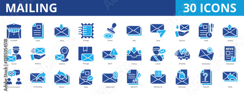 Mailing icon pack collection set with letter, send, receive, delivery, address, , business, information, package, archive, shipping, notification, communication, discussion, document, administration