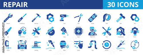 Repair icon pack collection set with wrench, screwdriver, gear, drill, fix, tool, troubleshoot, maintenance, service, work safety, mechanic, workshop, technician, engineer, construction, industrial